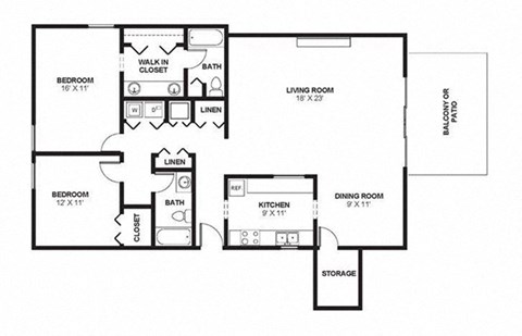 Floor plan for 2 beds, 2 baths, 1475 sqft